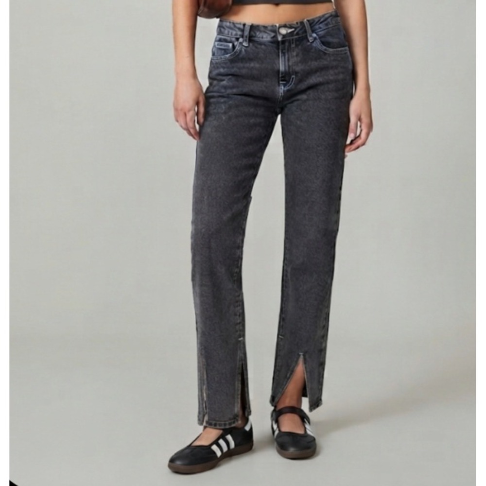 PacSun Low Rise Straight Washed Black Denim Jeans Side Slit Hem Size 25 Womens